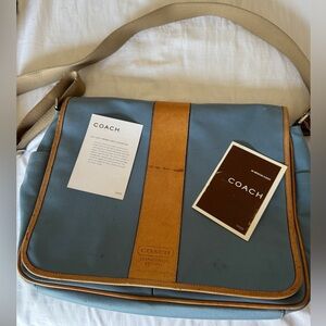 Vintage Coach Transatlantic Messenger Bag Blue with Tan Leather